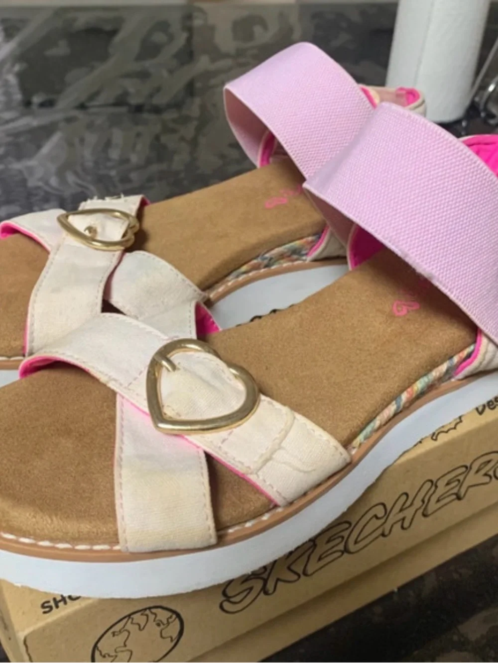 Skechers Girls Pink and Cream Heart Buckle Sandals